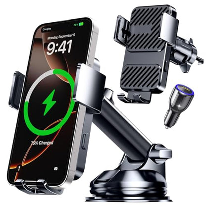 3 in 1 Wireless Car Charger, Phone Holders for Your Car 15W Fast Charging Auto Clamping, Car Phone Mount for iPhone 17 16 15 14 13 Mini Pro Max XR, Samsung Galaxy S25 Ultra S24 S23 S22 S21