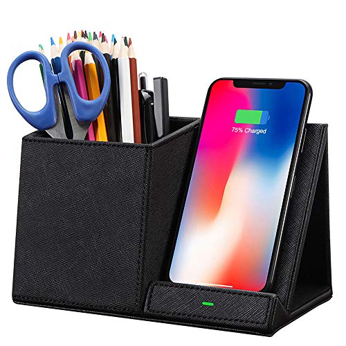 COSOOS Fast Wireless Charger with Desk Organizer, Desk Phone Charger Compatible with 15/15 Pro/15 Pro Max/14/13/12/11/XS/8 Plus, Galaxy S21/S20+/S10/Note 10/Note 9/(No AC Adapter) - color: Black