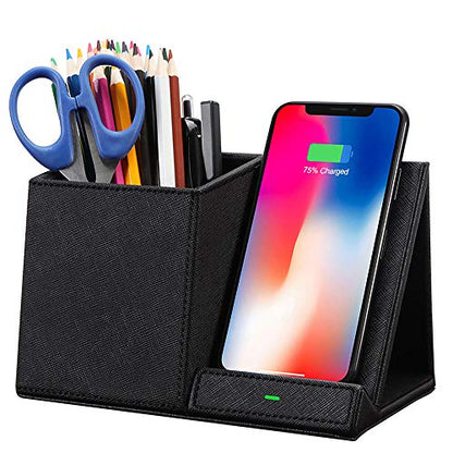 COSOOS Fast Wireless Charger with Desk Organizer, Desk Phone Charger Compatible with 15/15 Pro/15 Pro Max/14/13/12/11/XS/8 Plus, Galaxy S21/S20+/S10/Note 10/Note 9/(No AC Adapter) - color: Black