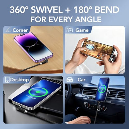 90 Degree Lightning Cable with 360 Rotating Head - 6.6FT MFi Right Angle Nylon Braided iPhone Charger Cord with 2.4A Fast Charge, Data Sync, CarPlay for iPhone14/13/12/11/X/8