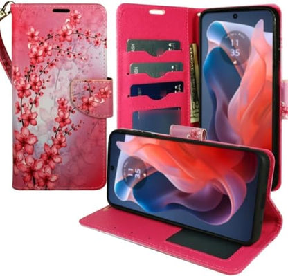 Zase for Motorola Moto G Power 5G (2025/2026) Wallet Phone Case Purse Protective Premium PU Leather Magnetic Closure w/Kickstand ID Card Slot Wrist Strap Cute Design (Pink Cherry Blossom) - color: Pink Cherry Blossom