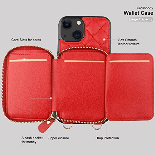 Bocasal Crossbody Wallet Case Card Holder for iPhone 13, Red | RFID Blocking PU Leather Zipper Handbag Purse, Kickstand Flip Folio Case with Card Slots Holder Wrist Strap Lanyard 6.1 Inch - color: Red