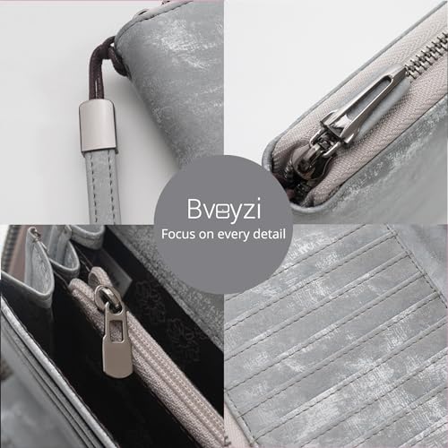 Bveyzi Women RFID Blocking Wallet Leather Zip Around Phone Clutch Large Capacity Ladies Travel Purse Wristlet - color: Frosted Gray