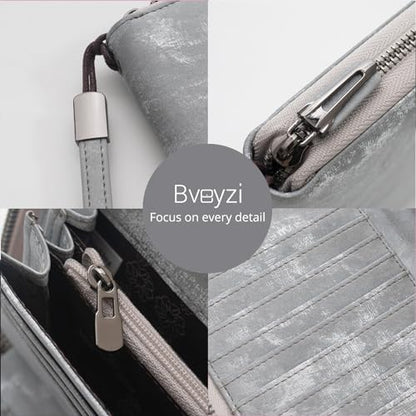 Bveyzi Women RFID Blocking Wallet Leather Zip Around Phone Clutch Large Capacity Ladies Travel Purse Wristlet - color: Frosted Gray