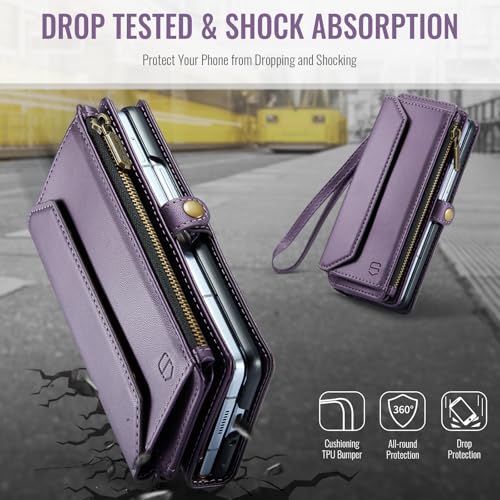 Strapurs Crossbody Wallet Case Compatible with Samsung Galaxy Z Fold 6 with RFID Blocking Card Holder & Pen Holder Slot Soft PU Leather Shoulder Strap Zipper Pocket Purse Fold 6 Phone Case, Purple | RFID Blocking 5-Card Holder, Shoulder Lanyard, Wirst Str