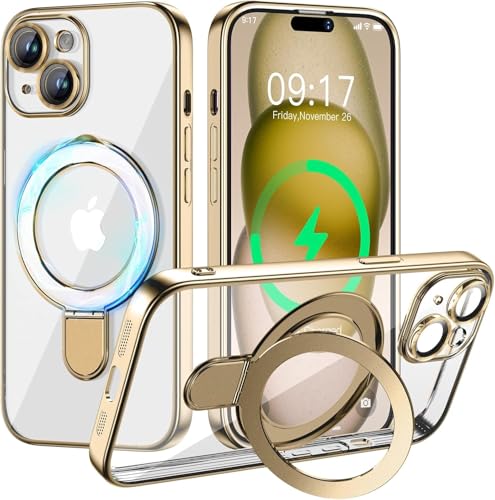 Magnetic for iPhone 15 Case with Invisible Stand[Compatible with MagSafe][Full Camera Lens Protector][Military Drop Protection] Shockproof Not Yellowing Clear Soft Slim for Women Men, Gold - color: Gold, size: iPhone 15
