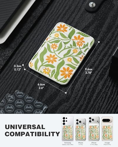 VULKIT Stick on Card Holder Compatible for iphone Leather Cell Phone Wallet Credit Card Case Strong Sticker for Women - color: Daisy Floral