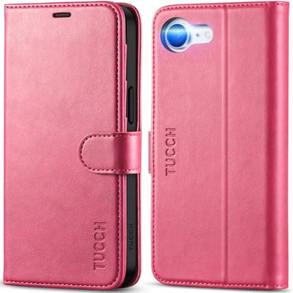 TUCCH Wallet Case for iPhone 17e & iPhone 16e (6.1"), Flip Stand, Hot Pink | RFID Blocking, 4 Card Holders, Kickstand, PU Leather, Shockproof TPU Shell, Magnetic Closure, Protective Folio Cover - color: Hot Pink