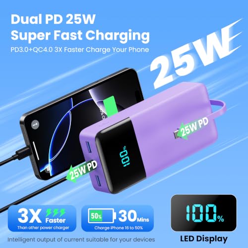 Portable Charger 50800mAh Power Bank with 3 Built in Cables,25W PD QC4.0 Fast Charging USB C Battery Pack,6 Outputs 2 Inputs Travel Essentials Phone Charger for iPhone 18/17/16/15/Pro,Android,Purple - color: Purple