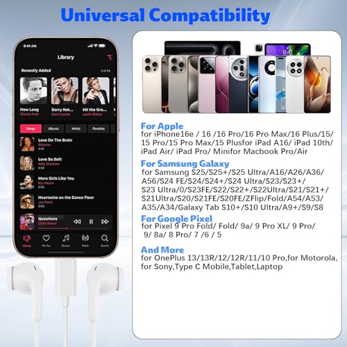USB C Headphone for iPhone 18 Pro/17 Pro Max 16 Wired Earbuds,White - color: White