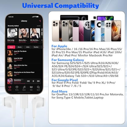 USB C Headphone for iPhone 18 Pro/17 Pro Max 16 Wired Earbuds,White - color: White