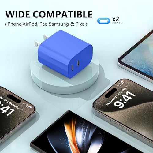 USB C Charger Block 3 Pack, Dual Port 20W Fast Wall Plug (Blue) - color: Blue
