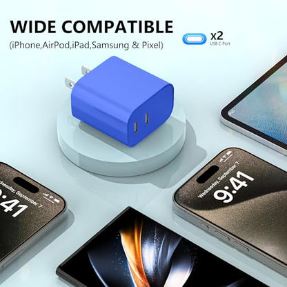 USB C Charger Block 3 Pack, Dual Port 20W Fast Wall Plug (Blue) - color: Blue