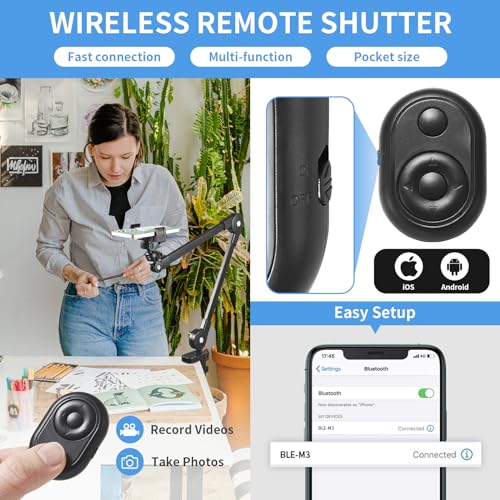 Phone Holder for Desk Bed, Overhead Mount with Wireless Remote, Flexible Phone Stand Lazy Bracket Mount Long Arm Clamp for iPhone, Samsung, Google Pixel, Moto