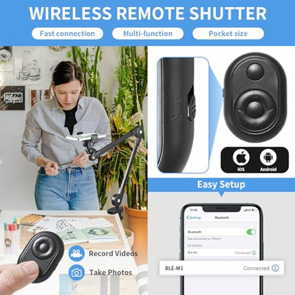 Phone Holder for Desk Bed, Overhead Mount with Wireless Remote, Flexible Phone Stand Lazy Bracket Mount Long Arm Clamp for iPhone, Samsung, Google Pixel, Moto