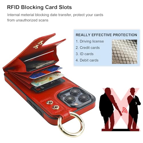 Folosu for iPhone 15 Pro Max Wallet Case with Card Holder, Hand Wrist Strap Loop Holder Kickstand, RFID Blocking Finger Grip Ring PU Leather Double Buttons Shockproof Cover 6.7" Red - color: Red
