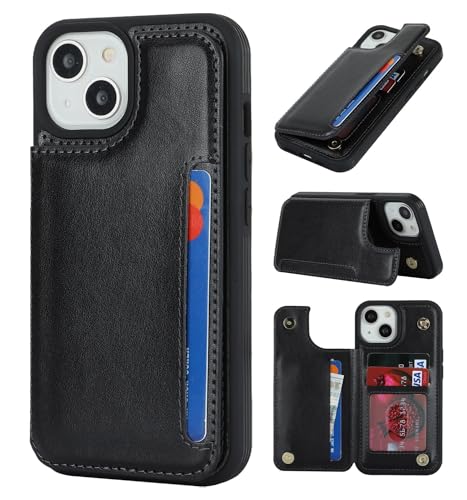 iCoverCase Compatible with iPhone 14 Case with Card Holder, Wallet Case for Women Men RFID Blocking PU Leather Protective Phone Case 6.1 Inch (Black) - color: Black