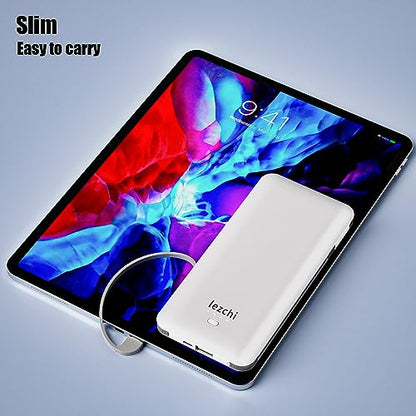 Portable Power Bank, Ultra Slim 10000mAh Portable Charger, USB C External Battery Pack with Built-in AC Plug, Charging Cable, Output Port, Compatible with All Kinds of Cellphones … - color: White