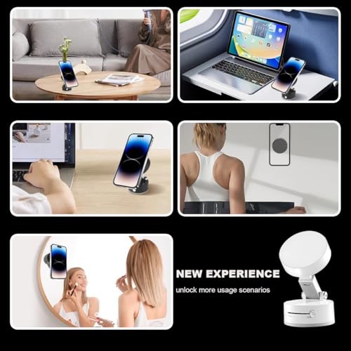 Vacuum Suction Magnetic Car Phone Holder, Rotatable Foldable Vehicle Smartphone Mount for Windshield Smooth Surface, Adjustable Automotive Cellphone Stand, Universal Fit (White)