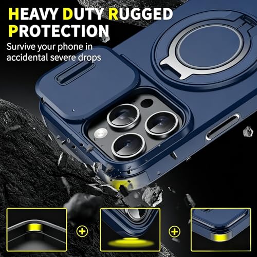 Rugged Shockproof Case for iPhone 17 Pro Max, Heavy Duty Protective Phone Case with Slide Camera Cover, 360° Rotatable Ring Stand & Magnetic Car Mount Compatible (Blue,iPhone 17 Pro Max) - color: Blue