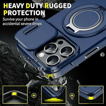 Rugged Shockproof Case for iPhone 17 Pro Max, Heavy Duty Protective Phone Case with Slide Camera Cover, 360° Rotatable Ring Stand & Magnetic Car Mount Compatible (Blue,iPhone 17 Pro Max) - color: Blue
