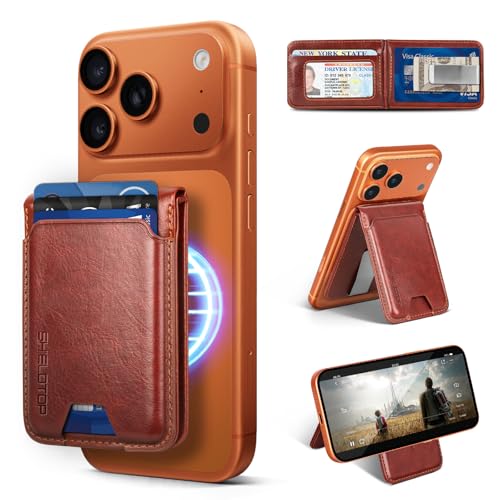 Shieldtop RFID Blocking MagSafe Wallet Stand with Card Holder,5 Card Slots & ID Window,PU Leather Magnetic Adjustable Kickstand for iPhone 12/13/14/15/16/17 Pro Max & Air Plus Series,Brown - color: Brown