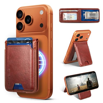 Shieldtop RFID Blocking MagSafe Wallet Stand with Card Holder,5 Card Slots & ID Window,PU Leather Magnetic Adjustable Kickstand for iPhone 12/13/14/15/16/17 Pro Max & Air Plus Series,Brown - color: Brown