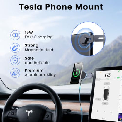 Tesla Phone Mount with 15W Fast Charging, Foldable Hidden Car Holder for Tesla Model 3 / Y/Cybertruck, 360° Rotatable Dashboard Screen Bracket with Ultra-Strong N52 Magnets