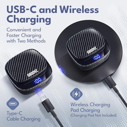 Groovz Plus True Wireless Earbuds with Wireless Charging Case -Designed in the USA -IPX4 Water Resistant Bluetooth Earbuds Compatible with Apple & Android, 46Hr Battery, Dual Microphone Classic Blue