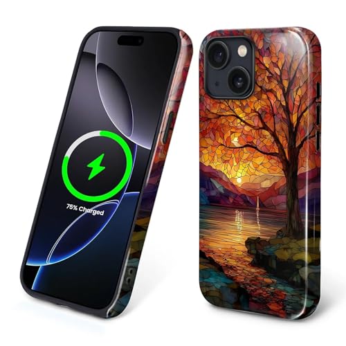Magnetic Phone Case for iPhone 15,Compatible with MagSafe,Durable 2 Layers Full Covered Shockproof Protective Cover-Stained Glass Sunrise Fall Leaves - color: Stained Glass Sunrise Fall Leaves, size: iPhone 15