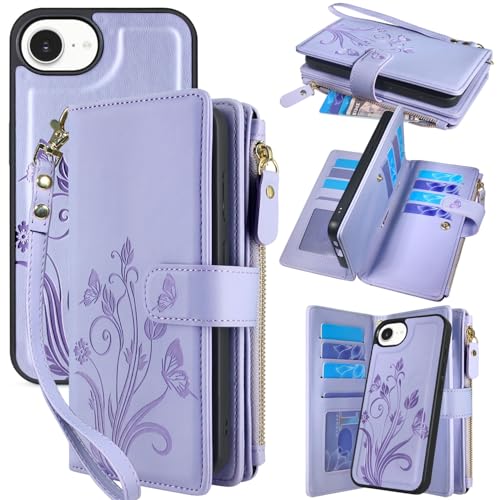 Case Wallet Compatible with iPhone 16e/17e, [12 Card Slots] ID Credit Cash Holder Zipper Pocket Detachable Leather Wallet Cover with Wrist Strap Lanyard（Floral Light Purple） - color: Floral Light Purple