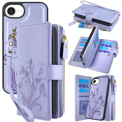 Case Wallet Compatible with iPhone 16e/17e, [12 Card Slots] ID Credit Cash Holder Zipper Pocket Detachable Leather Wallet Cover with Wrist Strap Lanyard（Floral Light Purple） - color: Floral Light Purple