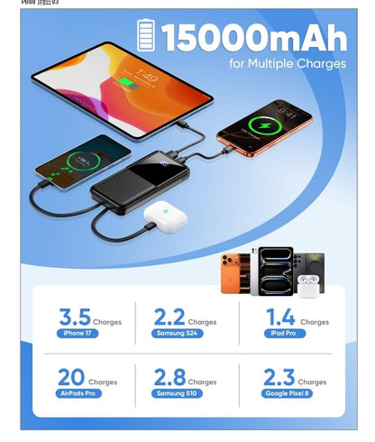 CFIAI Portable Charger 15000mAh Slim Power Bank with Built in Cables - color: Jet