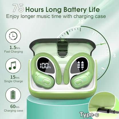 Wireless Earbuds 75H Bluetooth 5.4 Sport Headphones with Earhooks, Green - color: Green