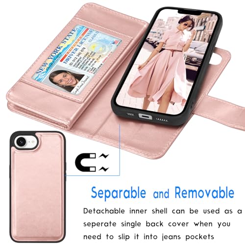 Tekcoo Wallet Case Compatible with iPhone 16E 2025 (6.1 inch) Luxury ID Cash Credit Card Slots Holder [Detachable Magnetic Hard Case] Carrying Pouch Folio Flip PU Leather Cover [Rose Gold] - color: Rose Gold, size: 16E 2025