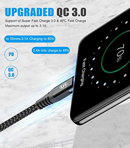sweguard USB to USB C Cable 3-Pack 10ft 6.6ft 3.3ft Fast Charging Braided - color: Black, size: 10ft+6.6ft+3.3ft