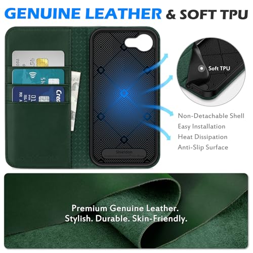 SHIELDON Genuine Leather Flip Wallet Case for iPhone 17e/16e, Evergreen | Magnetic Closure, RFID Blocking, Credit Card Holder, Viewing Stand, Foldable Design, Shockproof Protective Cover - color: Evergreen