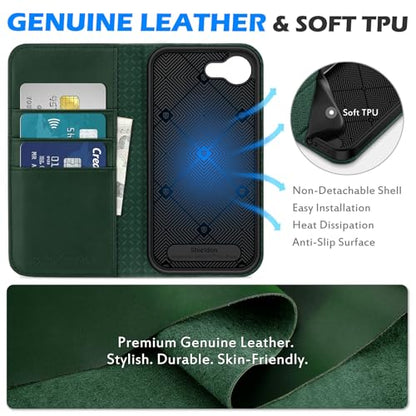 SHIELDON Genuine Leather Flip Wallet Case for iPhone 17e/16e, Evergreen | Magnetic Closure, RFID Blocking, Credit Card Holder, Viewing Stand, Foldable Design, Shockproof Protective Cover - color: Evergreen