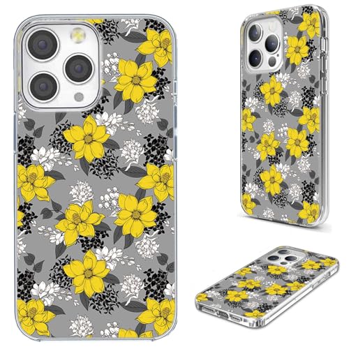 for iPhone 14 Pro Max Case for Women Girl, Full Protective Shockproof Slim Soft TPU Clear Phone Cover Cases Design for iPhone 14 ProMax,Cute Cartoon Graceful Floral Flower On Gray - color: Flower On Gray