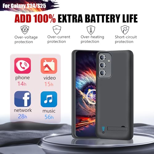 Battery Case for Samsung Galaxy S25 / S24, 5000mAh Rechargeable Extended Battery Charging Charger Case, Add 100% Extra Juice (6.2 Inches) Black