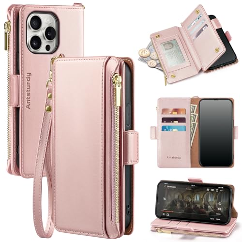 Antsturdy for iPhone 13 Pro Phone Wallet Case Women,Rose Gold | RFID Blocking,with Credit Card Holder Slots,PU Leather Purse,Zipper Pocket,Wrist Strap Kickstand,Flip Folio Cover for Men - color: Rose Gold