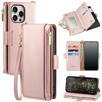 Antsturdy for iPhone 13 Pro Phone Wallet Case Women,Rose Gold | RFID Blocking,with Credit Card Holder Slots,PU Leather Purse,Zipper Pocket,Wrist Strap Kickstand,Flip Folio Cover for Men - color: Rose Gold