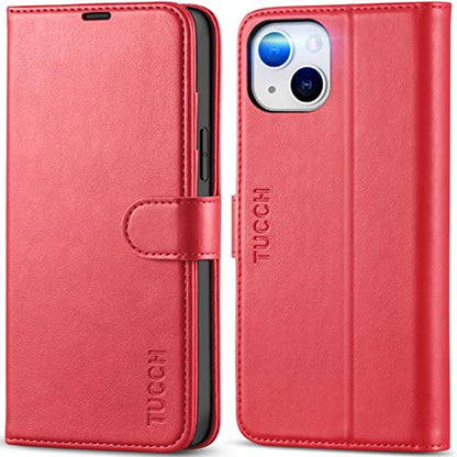 TUCCH Wallet Case for iPhone 14 Plus (6.7") 2022, 4 Card Slots, Red | RFID Blocking, Viewing Stand, Shockproof TPU Shell, PU Leather, Magnetic Closure, Protective Folio Flip Cover - color: Red
