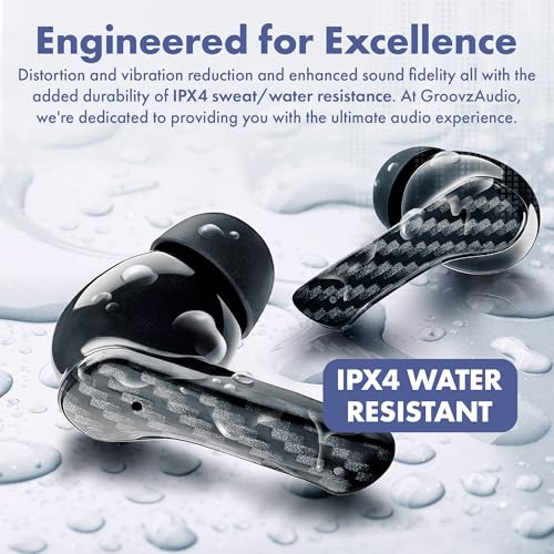 Groovz Plus True Wireless Earbuds with Wireless Charging Case -Designed in the USA -IPX4 Water Resistant Bluetooth Earbuds Compatible with Apple & Android, 46Hr Battery, Dual Microphone Classic Blue