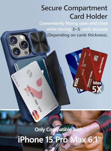 Vihibii for iPhone 15 Pro Case Wallet with Card Holder (4 Cards), Blue | Slide Camera Cover, Kickstand, Military Grade Drop Protection, Rugged Hard Back, Silicone Edge Wallet Phone Case, 2023, Blue - color: Blue, size: iPhone 15 Pro