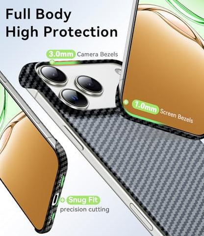 GRECAZO Magnetic Ultra-Thin Frosted Soft Touch Skin Borderless Carbon Fiber Style Texture for iPhone 17 Pro Frameless Case 6.3" Slim Minimalist Lightweight Matte Hard for MagSafe Cover Case-Black - size: iPhone 17 Pro