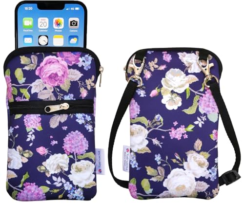 Tainada Neoprene Crossbody Zipper Neck Cellphone Case Pouch (Purple Floral) | Mini neoprene dual zip wallet purse bag; Water-resistant, shockproof, lightweight; Adjustable & detachable lanyard strap - color: Purple Floral