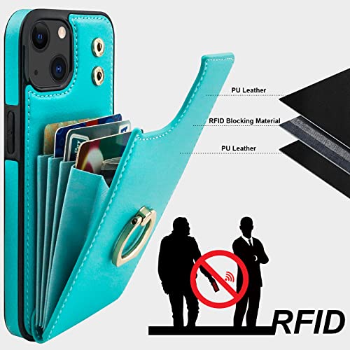Folosu Compatible with iPhone 13 Case Wallet with Card Holder, 360°Rotation Finger Ring Holder Kickstand Protective RFID Blocking PU Leather Double Buttons Flip Cover 6.1 Inch Mint Green - color: Mint Green