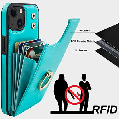 Folosu Compatible with iPhone 13 Case Wallet with Card Holder, 360°Rotation Finger Ring Holder Kickstand Protective RFID Blocking PU Leather Double Buttons Flip Cover 6.1 Inch Mint Green - color: Mint Green