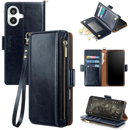 Antsturdy for iPhone 17 Phone Wallet Case Women,Dark Blue | RFID Blocking,with Credit Card Holder Slots,PU Leather Purse,Zipper Pocket,Wrist Strap Kickstand,Flip Folio Cover for Men - color: Dark Blue
